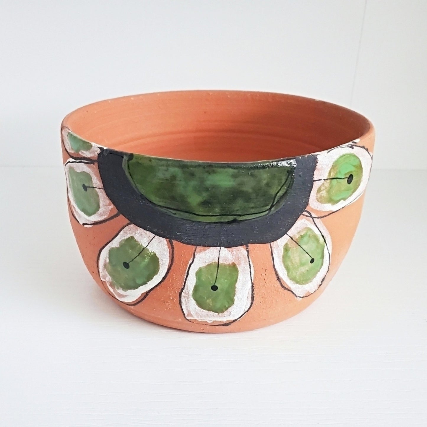 Handmade Terra Cotta Flower Pot - Green Flower Design - Studio 2nds