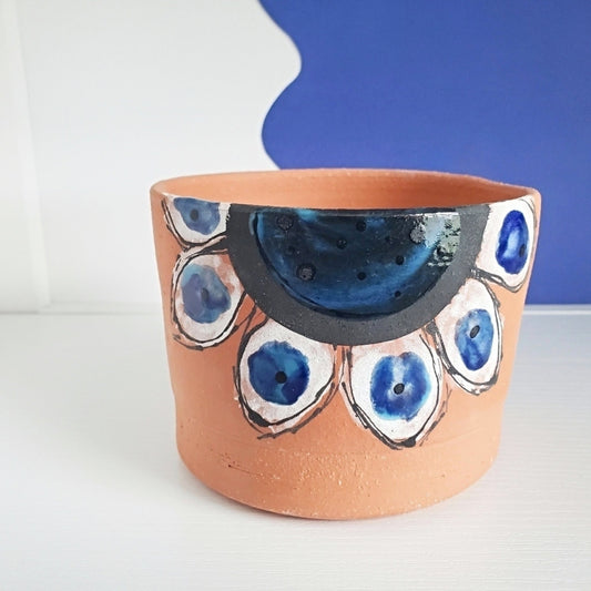 Handmade Terra Cotta Flower Pot - Blue Flower Design - Studio 2nd