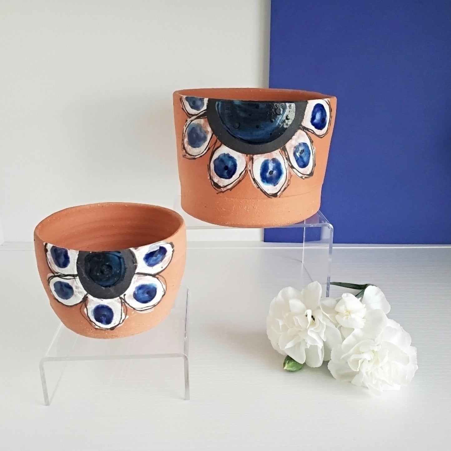 Handmade Terra Cotta Flower Pot - Blue Flower Design - Studio 2nd