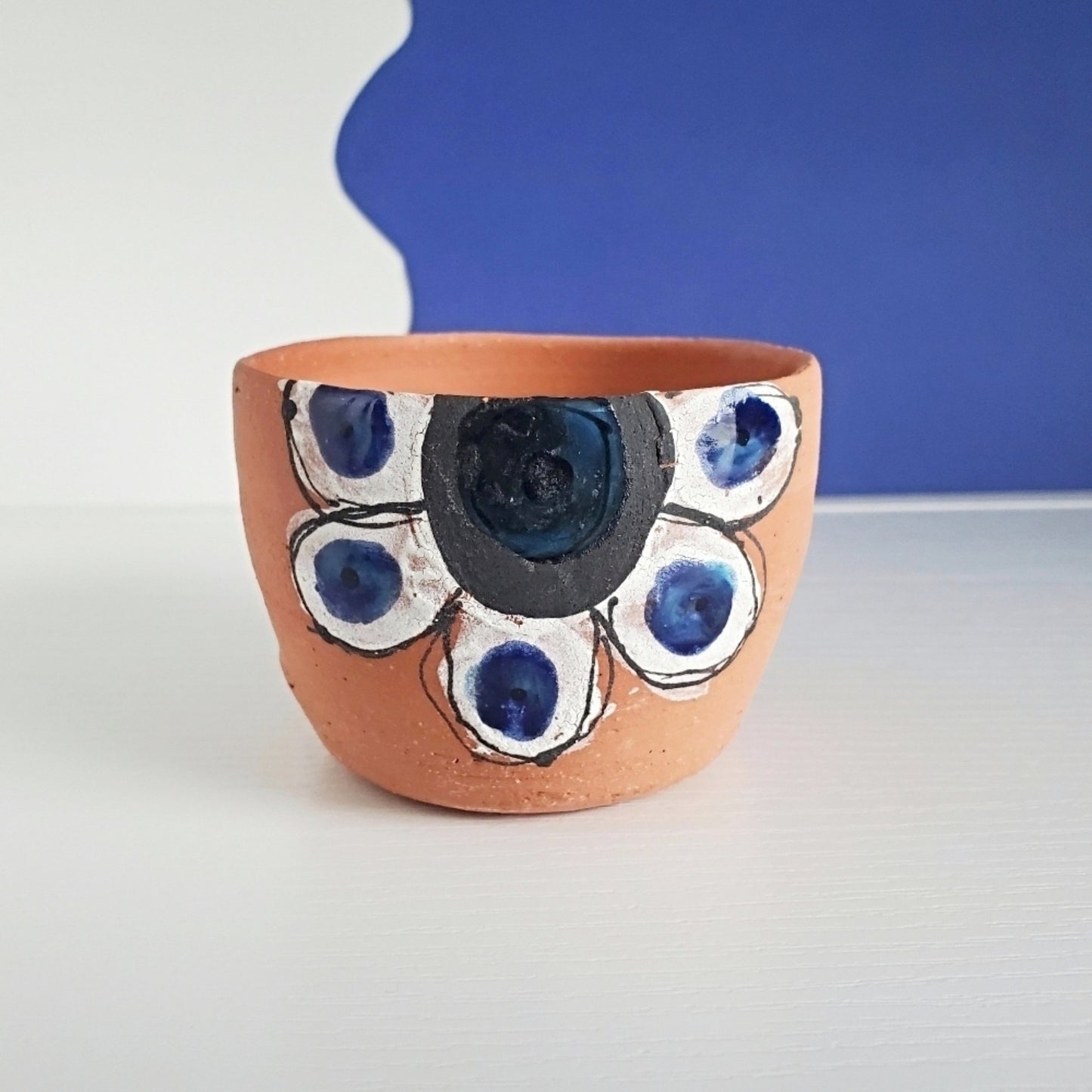Small Handmade Terra Cotta Flower Pot - Blue Flower - Studio 2nd