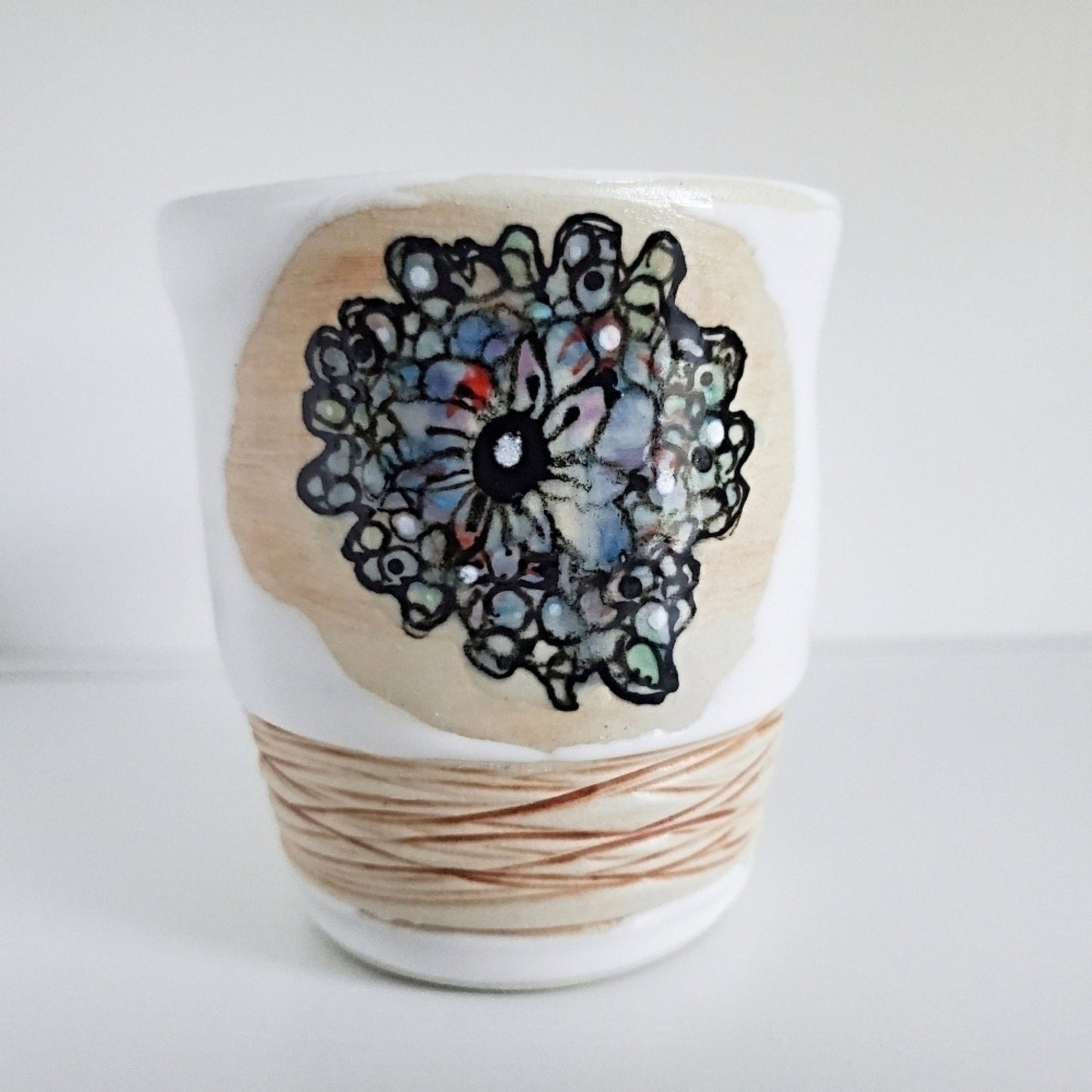 Handmade Stoneware Cup - Abstract Blue Flower - Studio 2nds