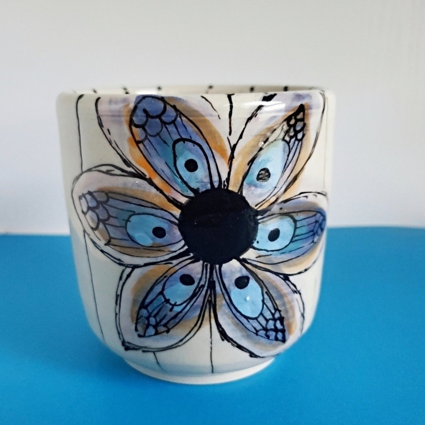 Handmade Stoneware Cup - Intricate Blue Flower