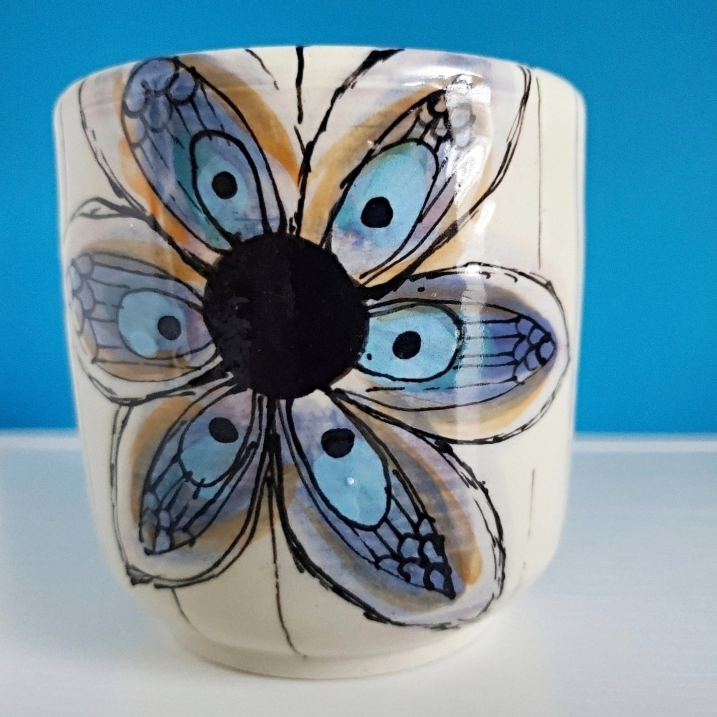 Handmade Stoneware Cup - Intricate Blue Flower