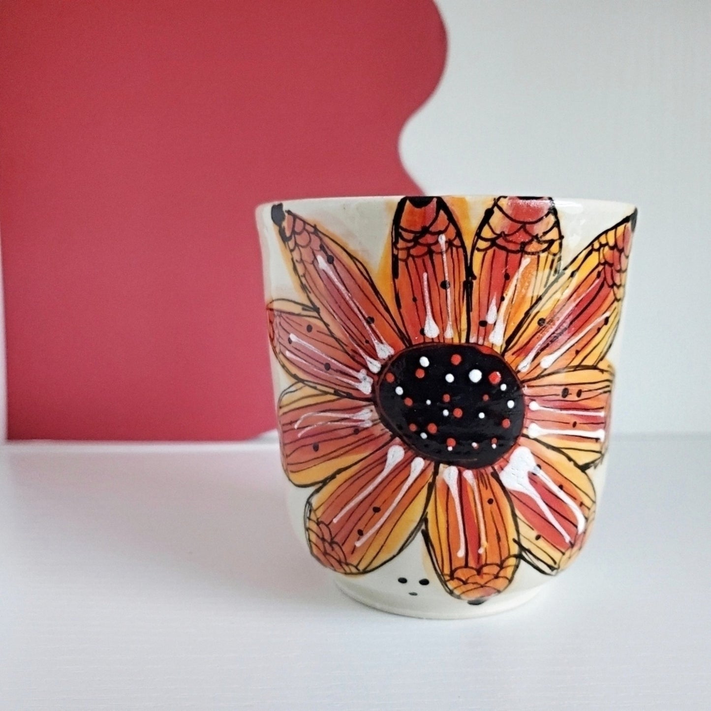 Handmade Stoneware Cup - Bold Red & Orange Daisy