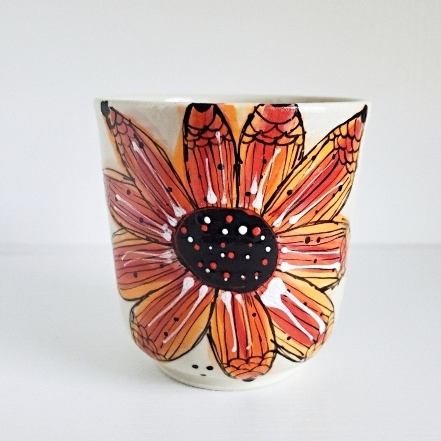 Handmade Stoneware Cup - Bold Red & Orange Daisy