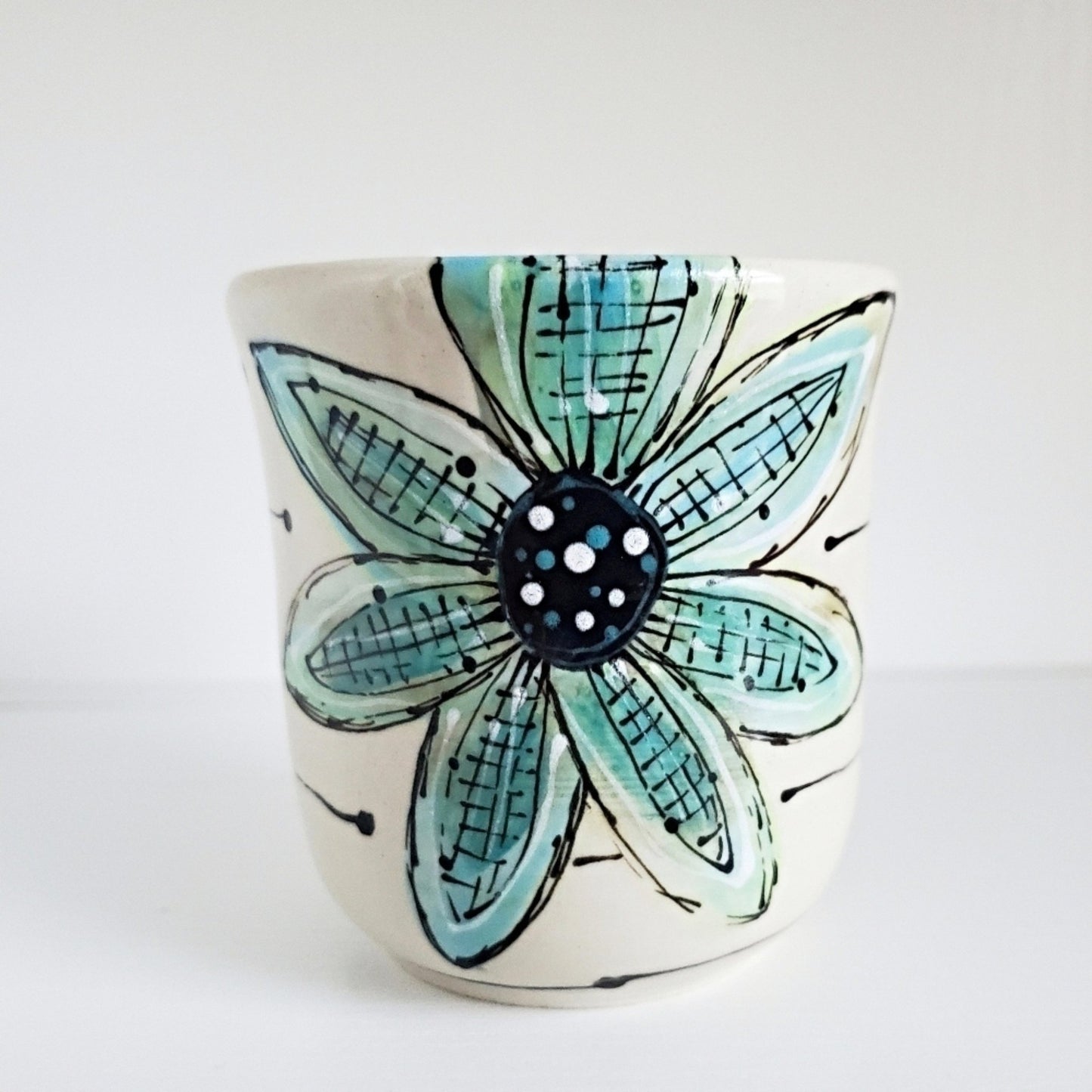 Handmade Stoneware Cup - Playful Turquoise Flower