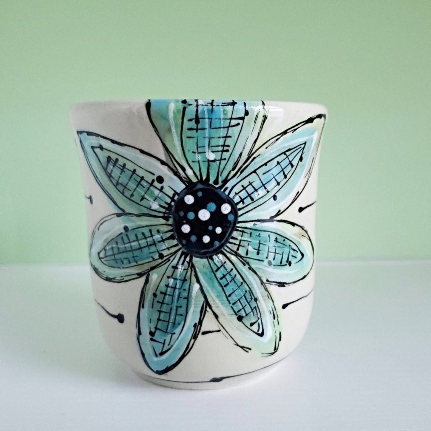 Handmade Stoneware Cup - Playful Turquoise Flower
