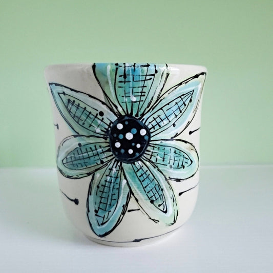 Handmade Stoneware Cup - Playful Turquoise Flower