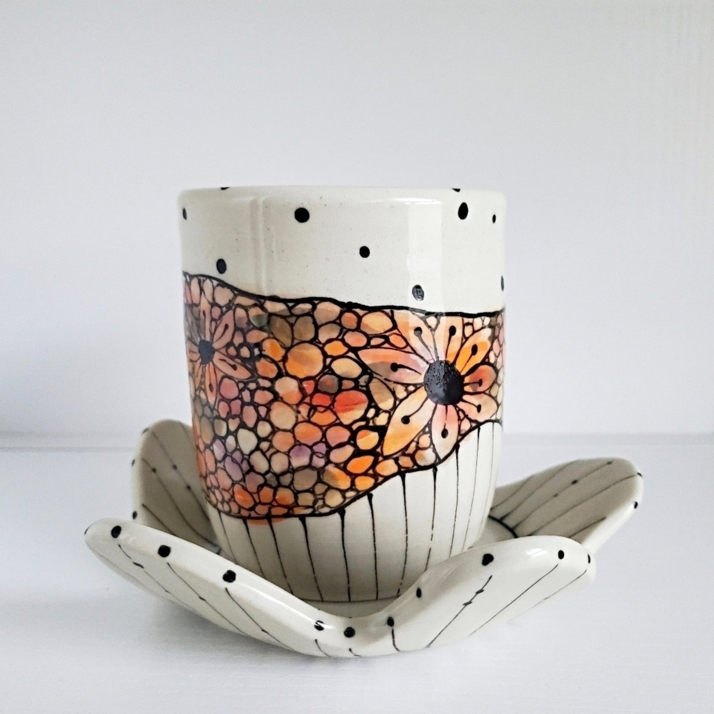Handmade Cup & Saucer Set - Stainglass Mosaic Design Orange & Peach