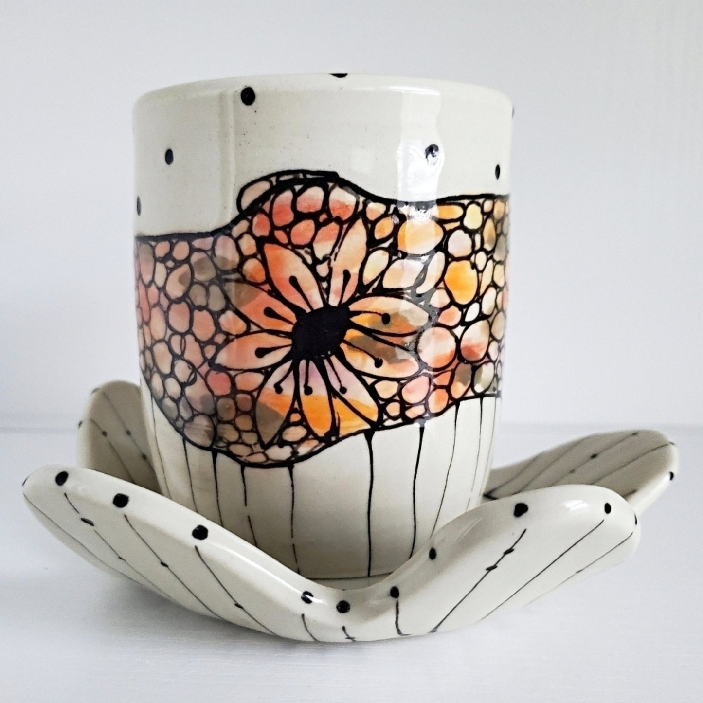 Handmade Cup & Saucer Set - Stainglass Mosaic Design Orange & Peach