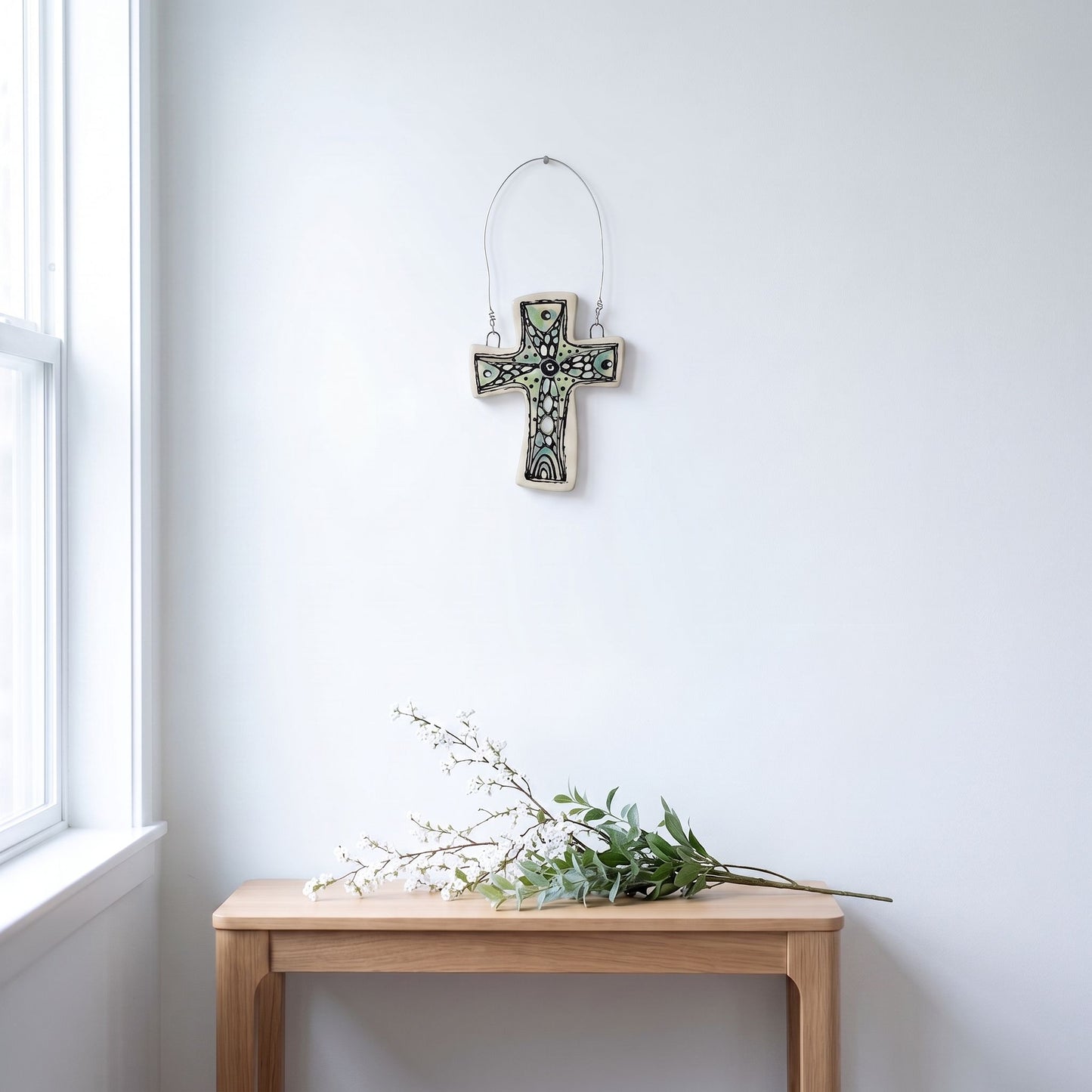 Studio photo of Everyday Joy Cross — Green Bubbles Cathedral | Hand-Painted Porcelain Wall Cross, Christian Gift in Edit: cross is not actual size regenerate with…