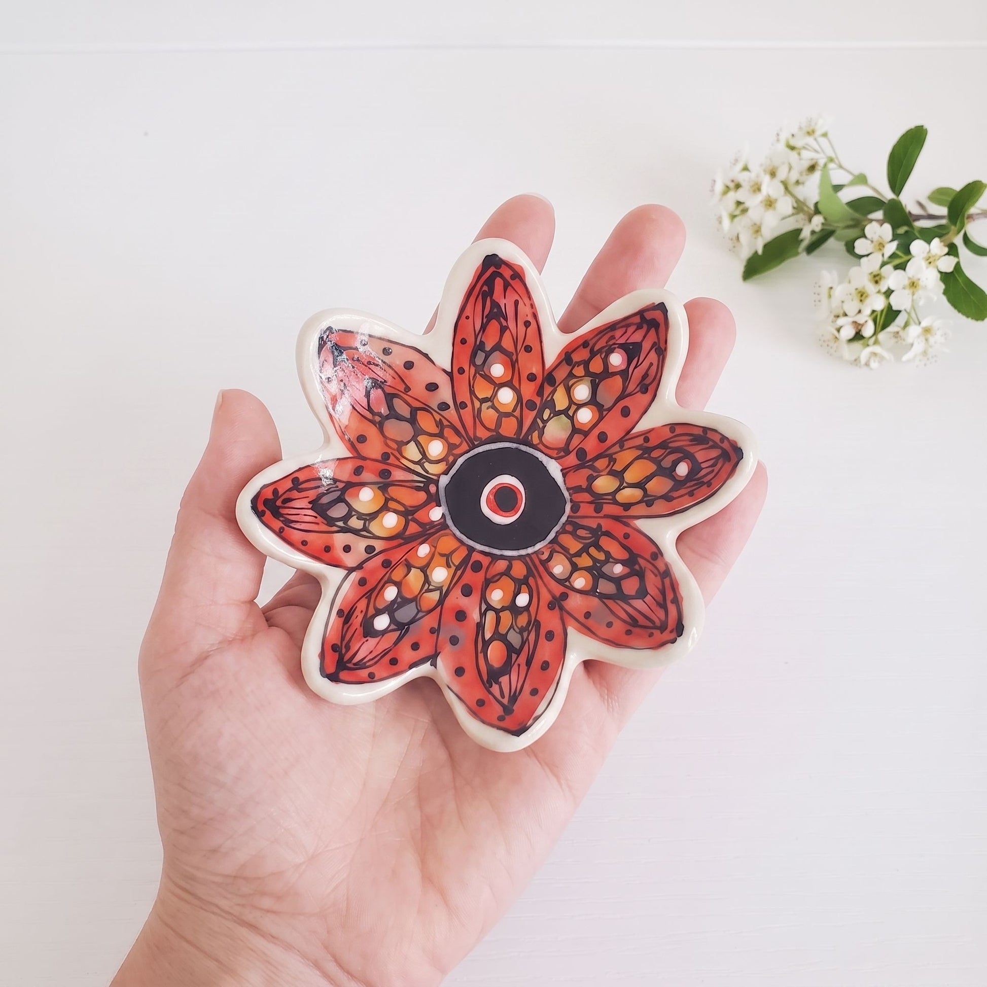 Studio photo of Everyday JOY - Ring Dishes | Fiery Red Bloom in Edit: make this more true to the 4" size, it's…
