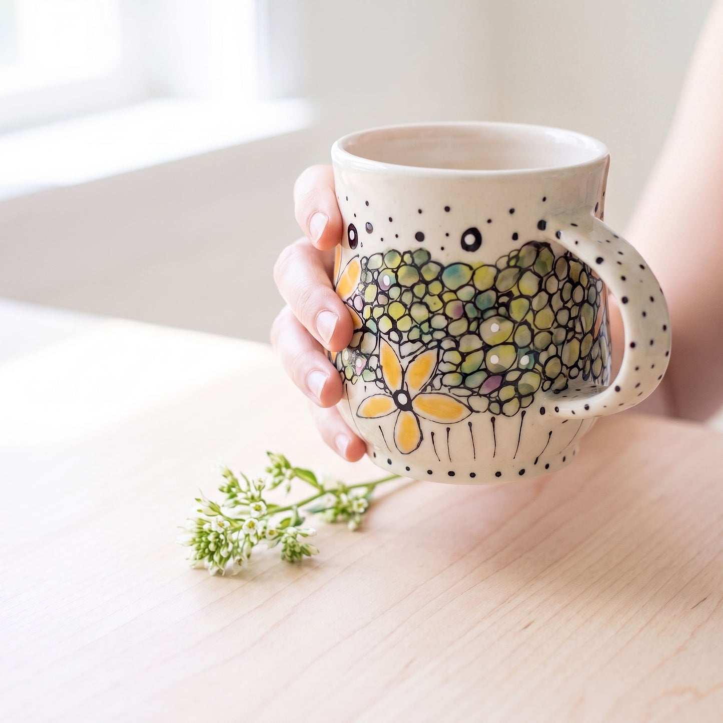 Studio photo of Everyday JOY - Colorful Mug | Bubble Bloom Green & Gold in Edit: take the persons face out of the image