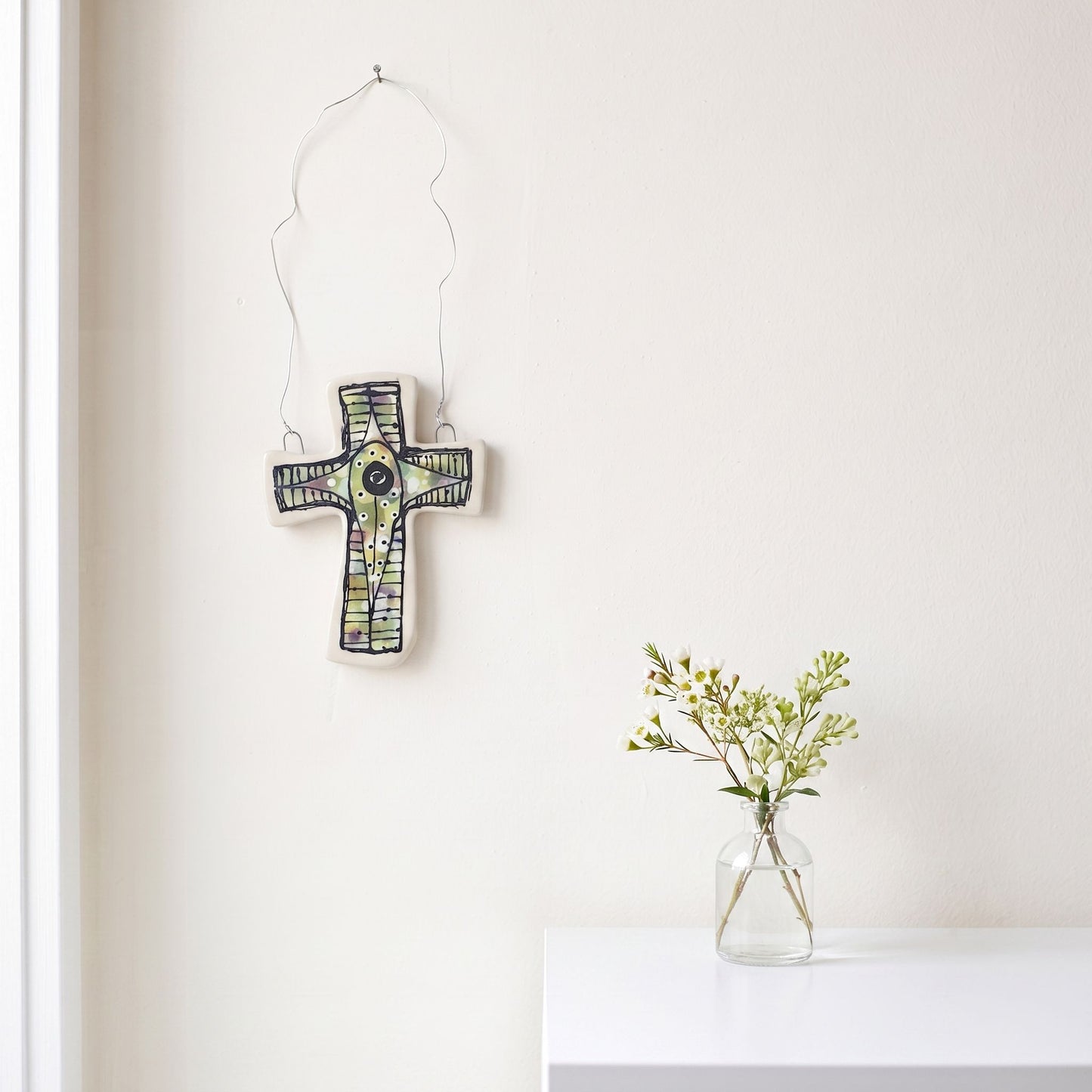 Studio photo of Everyday Joy Cross — Green Lined Cathedral | Hand-Painted Porcelain Wall Cross, Christian Gift in Edit: the size is a bit too large and remove t…