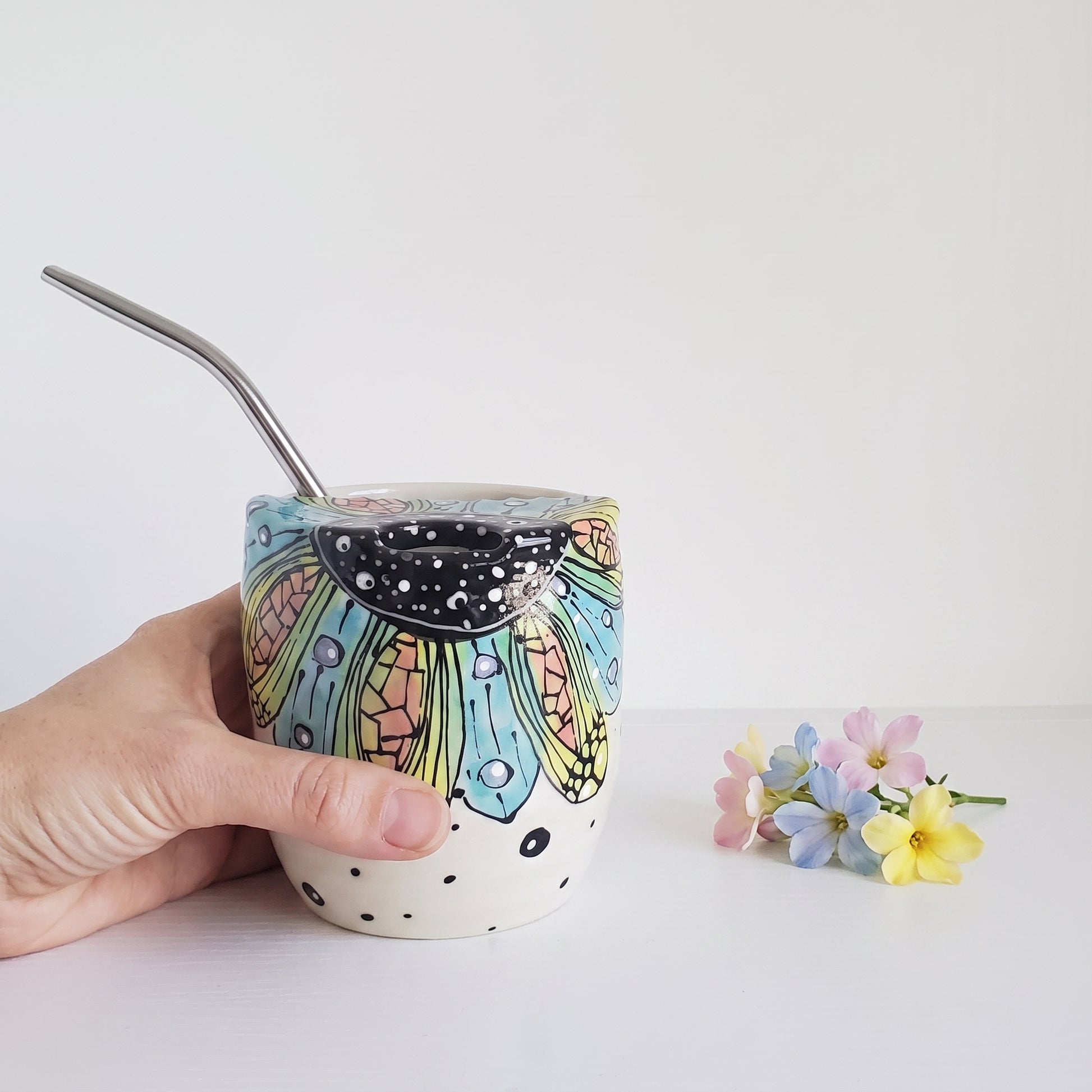 Studio photo of Everyday JOY - Sippy | Travel Cup | Pink & Blue & Green Bloom in lifestyle