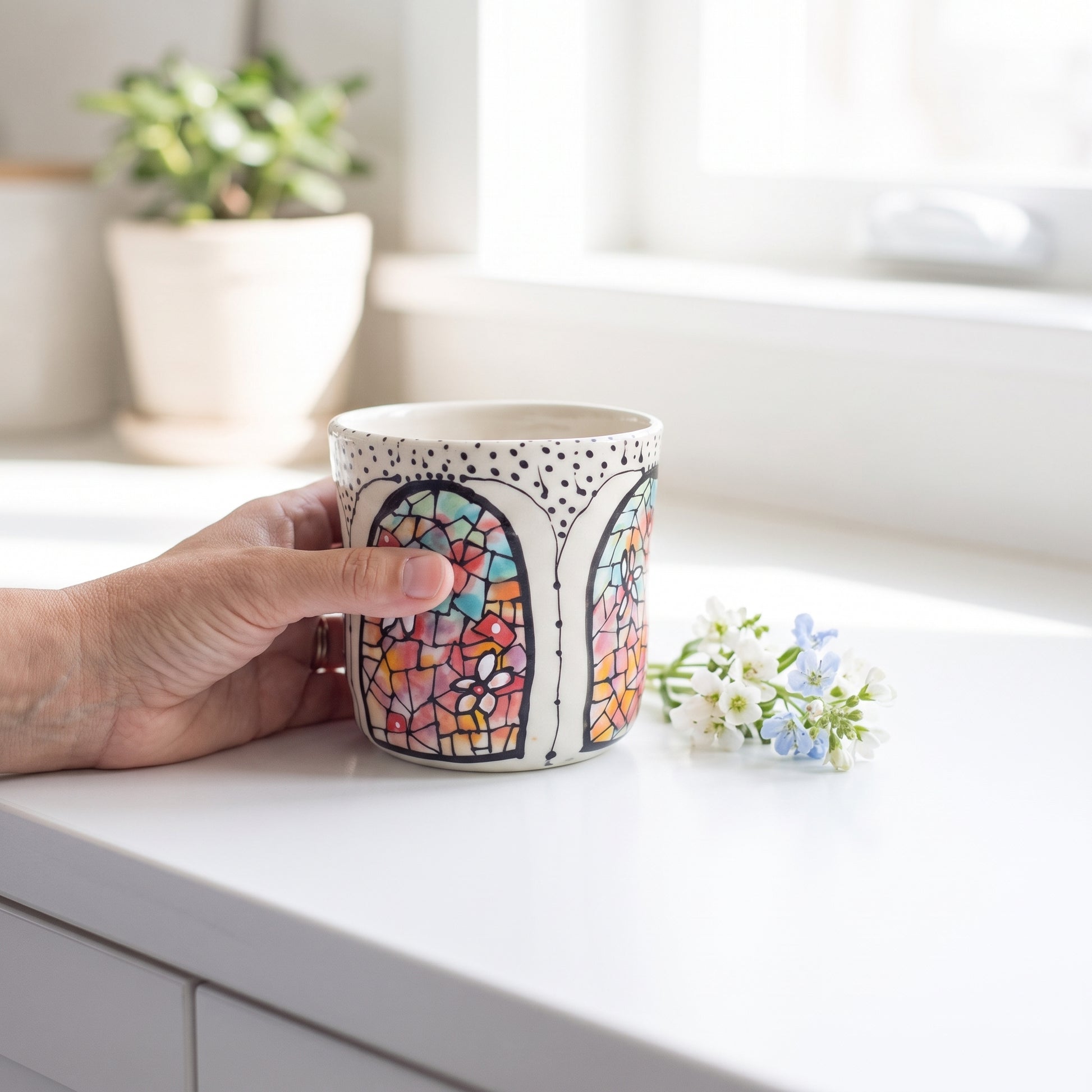 Studio photo of Everyday JOY - Colorful Cup | Cathedral Windows - Sanctuary in lifestyle