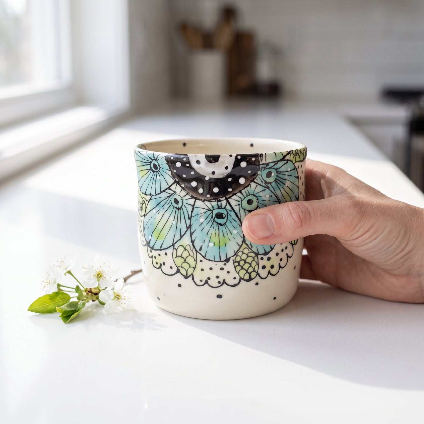 Studio photo of Everyday JOY - Colorful Cup | Blue & Green Flower Inside & Out in lifestyle