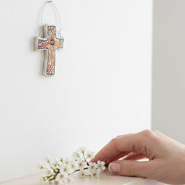 Studio photo of Everyday Joy Cross — Starburst Red Cathedral | Hand-Painted Porcelain Wall Cross, Christian Gift in lifestyle
