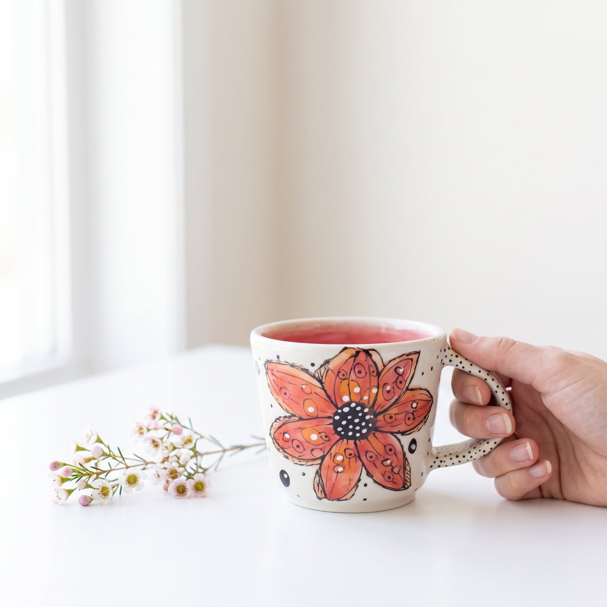 Studio photo of Everyday JOY - Colorful Mug| Double Bloom in Red Orange in lifestyle