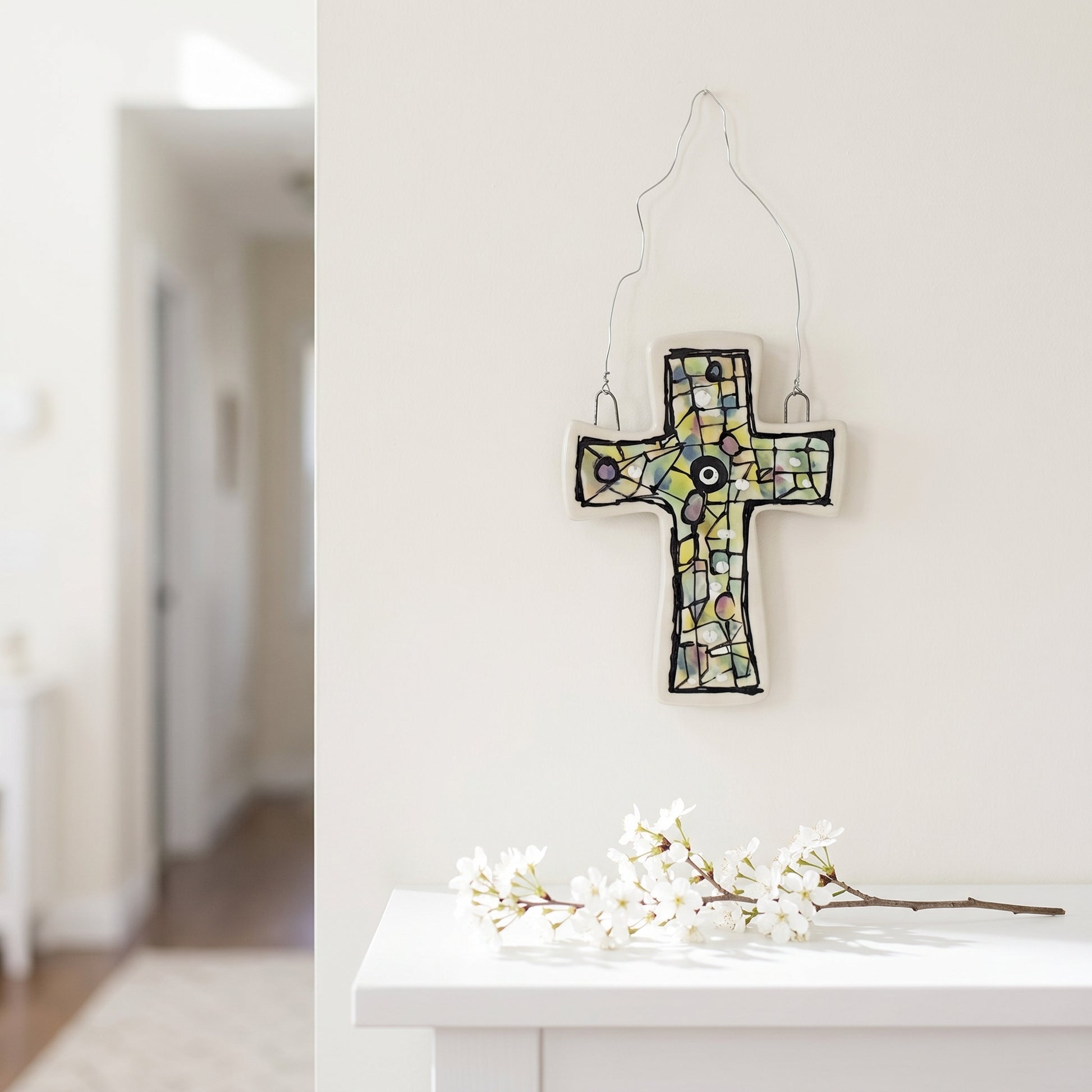Studio photo of Everyday Joy Cross — Green Mosaic Cathedral | Hand-Painted Porcelain Wall Cross, Christian Gift in lifestyle