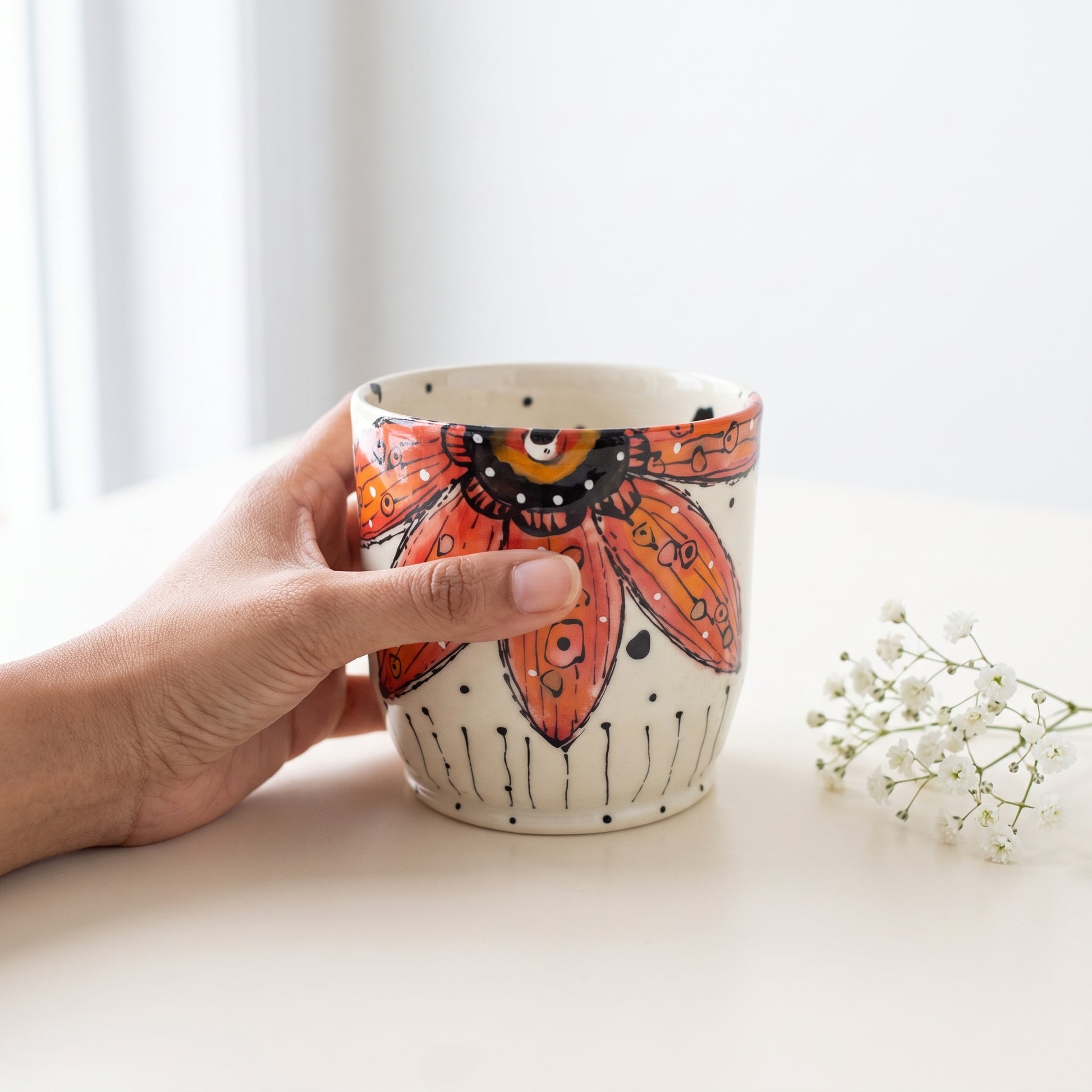 Studio photo of Everyday JOY - Colorful Cup | Bold Bloom in Red & Orange in lifestyle
