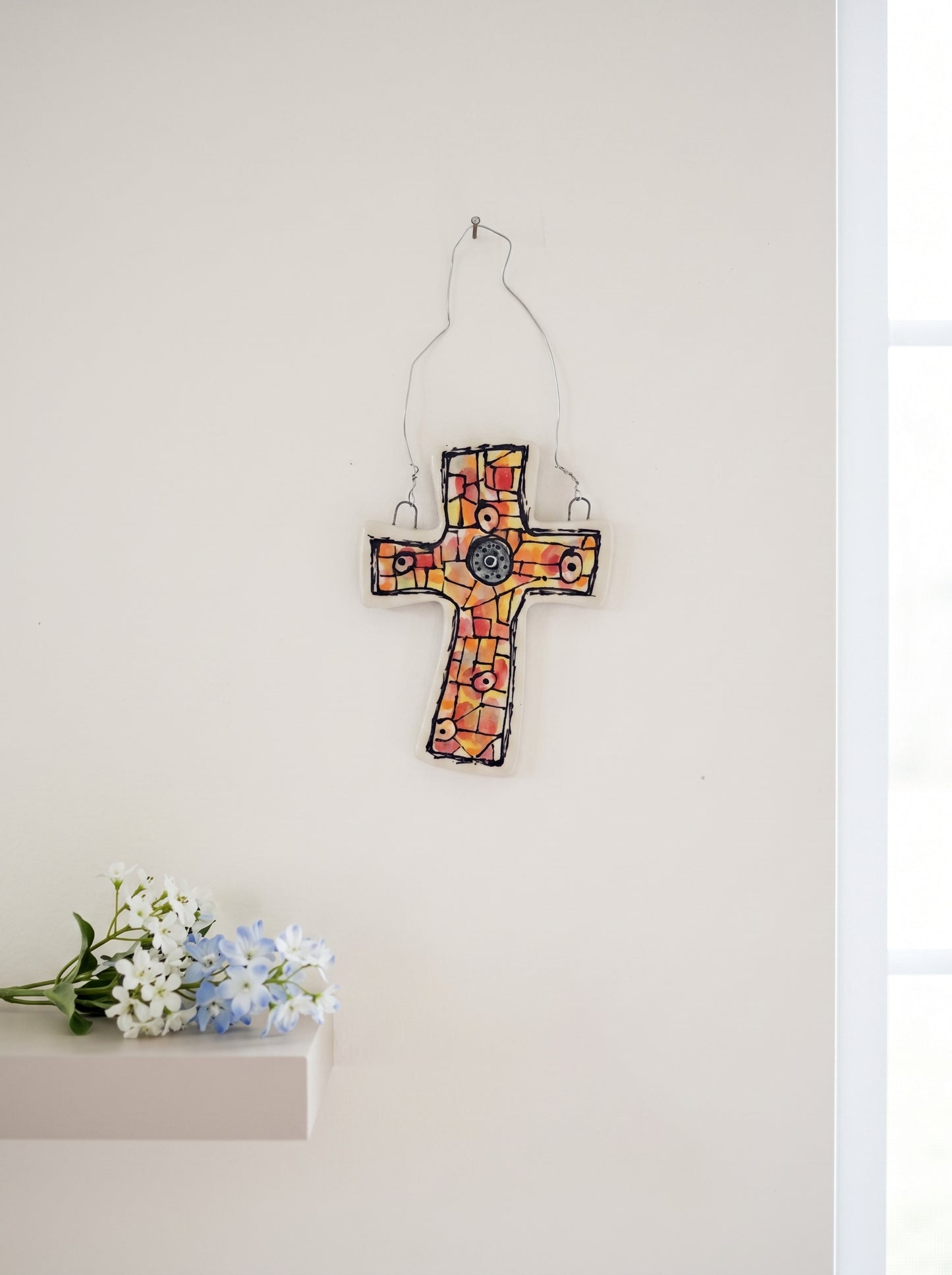Studio photo of Everyday Joy Cross — Red & Orange Cathedral | Hand-Painted Porcelain Wall Cross, Christian Gift in hero