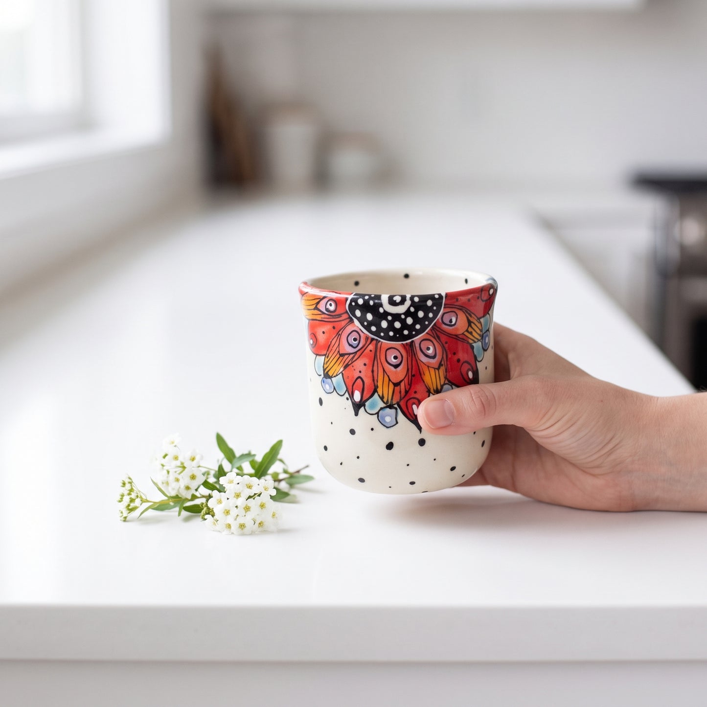 Studio photo of Everyday JOY - Colorful Cup | Sunburst Bloom in Red & Orange in lifestyle