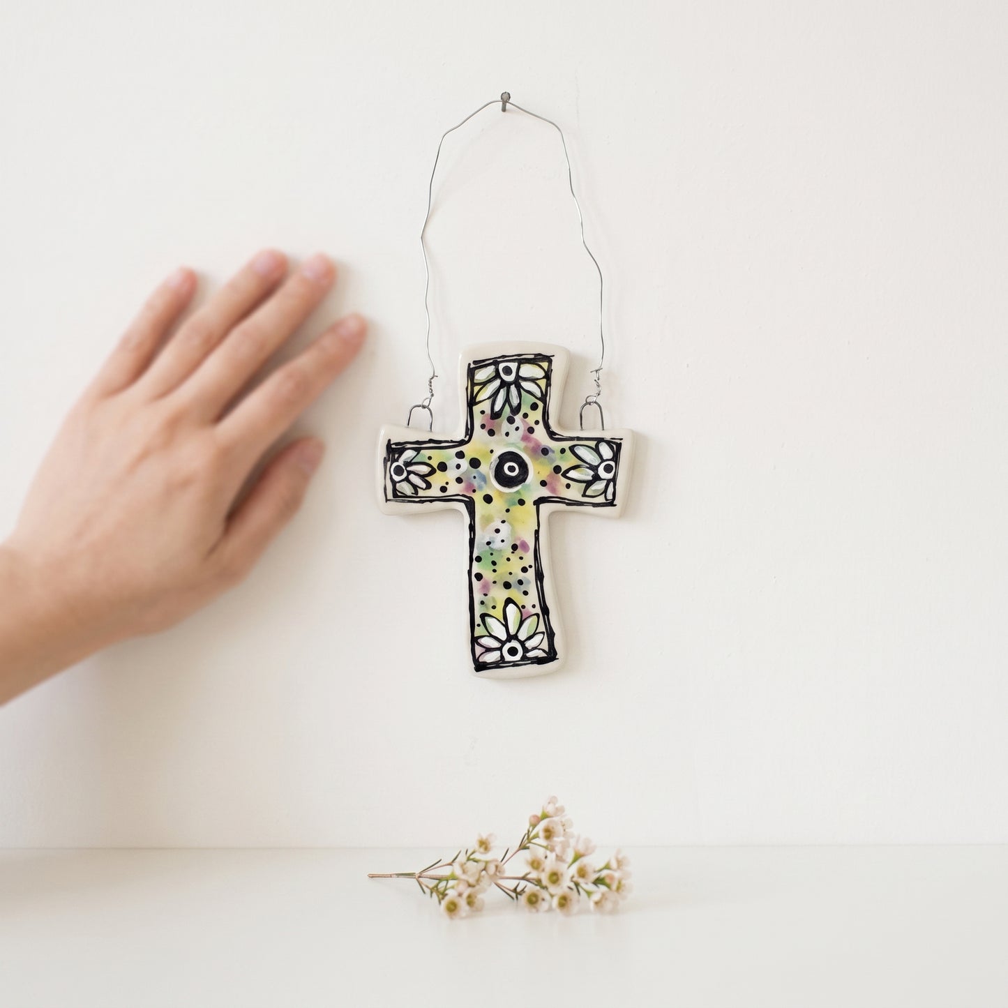 Studio photo of Everyday Joy Cross — Green Cathedral | Hand-Painted Porcelain Wall Cross, Christian Gift in lifestyle