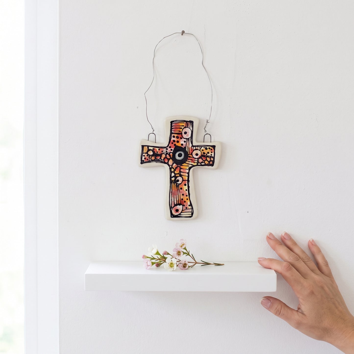 Studio photo of Everyday Joy Cross — Red Abstract Cathedral | Hand-Painted Porcelain Wall Cross, Christian Gift in lifestyle